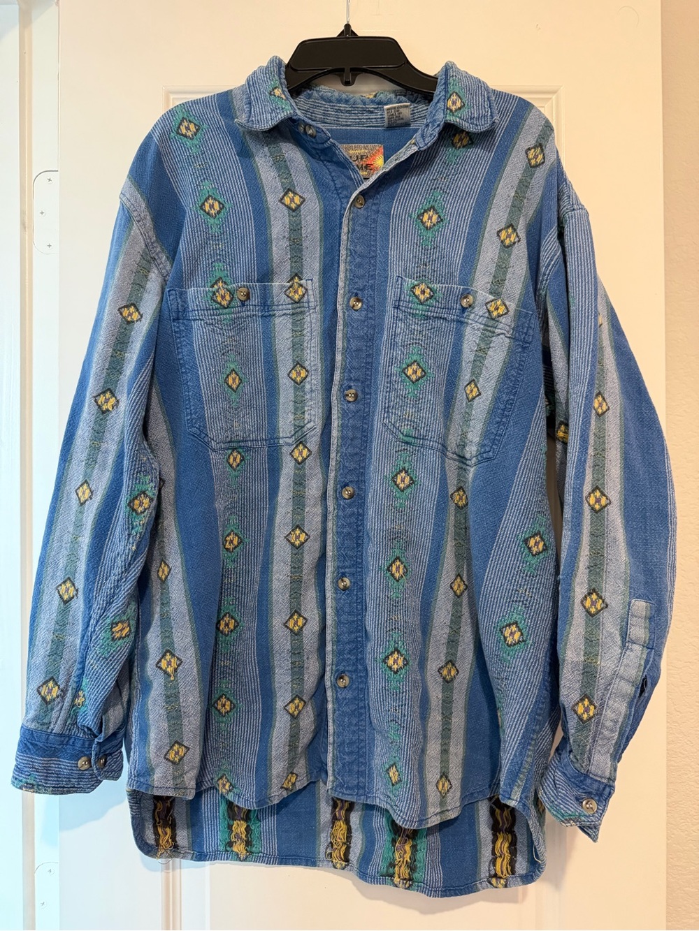 Vintage 90s Up Time Men’s Medium Blue Southwestern Aztec Stripe Button Up Shirt
